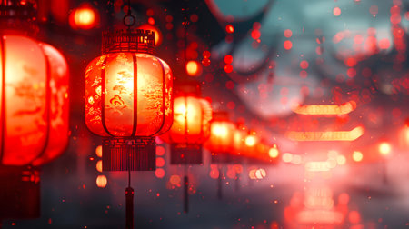 New Year's background with a copy space. A row of red Chinese lanterns shine in the dark. The lanterns are lit and create a warm, inviting atmosphere. The lantern Festival in China marks the end of the New Year celebrations and the imminent arrival of springの素材