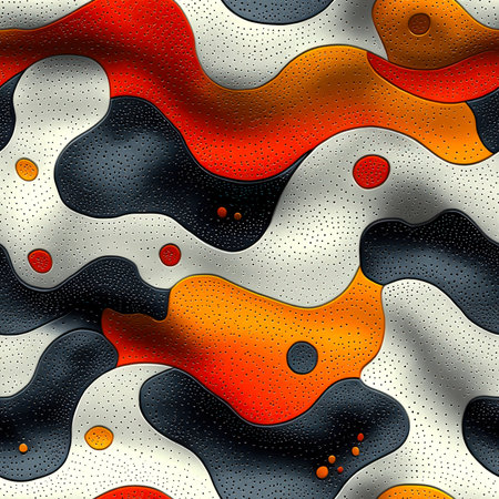 The concept of the cow's skin surface. Seamless pattern with white, orange and black spots. Bright abstract background. The painting is replete with dots and swirls, creating a sense of movement and energy.の素材
