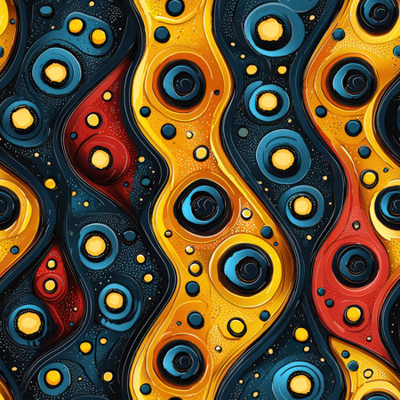 An abstract seamless pattern. A colorful abstract painting with blue, red and yellow waves and circles. The painting feels lively and energetic, and the colors and shapes create a sense of movement and fluidity.の素材