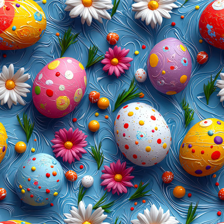 Colorful seamless pattern with Easter theme. Colorful Easter eggs with daisies on a blue background. The eggs are painted in different colors and sizes, and the flowers are pink and white. Candies add fun to the decorationの素材