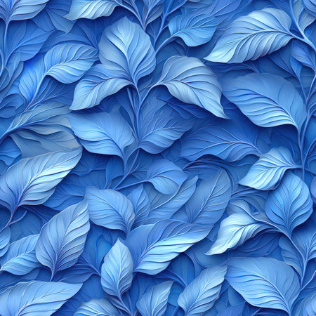 Seamless pattern with blue leaves. The Blue Garden. The leaves are very thin and elegant. Plant botanical background. An exotic surface.の素材