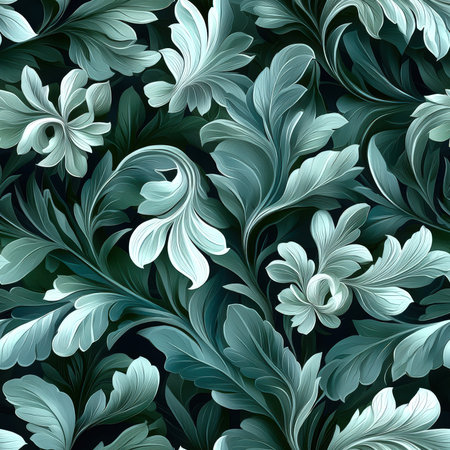 Seamless pattern. Beautiful wallpapers. Green and white floral pattern on a black background. An intricate plant. The scene is serene and soothing, and the flowers symbolize growthの素材