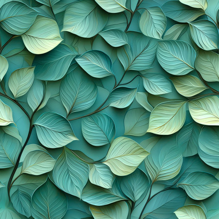 Seamless pattern of wild ivy. Green background with a pattern of many leaves. The leaves are arranged in such a way that they create a sense of depth and movement. Vegetable wallpaper. A backdrop for the design.の素材