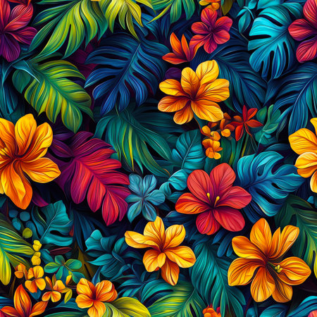 Summer juicy vegetable seamless pattern. A tropical garden with lots of flowers. The painting is saturated with bright colors and carries a lively, energetic atmosphere. Floral backdrop for designの素材