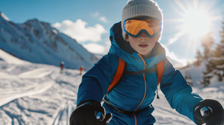 A boy in a blue jacket and a protective ski mask is skiing down a snowy mountain. Downhill skiing training. An active lifestyle. The scene is bright and sunny, and the boy is focused on his skatingの素材