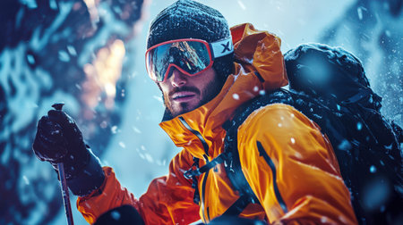 A bearded man in a yellow jacket, goggles and a cap is skiing. He has a ski pole in his hands and is ready to ski. A sports competition. An extreme type of winter sport. Downhill skiing trainingの素材