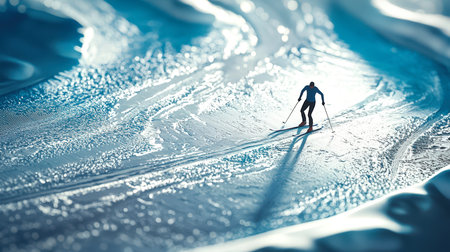 A winter sport. A miniature. A skier is skiing down a snow-covered slope. The concept of skiing training. A sports competition. Downhill skiingの素材