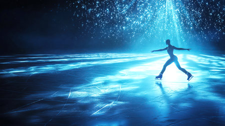 A woman is skating on blue ice. The sky is strewn with stars and snowflakes. The concept of figure skating training. A sports competition. Silhouette of an athlete in figure skates skating on the ice arenaの素材
