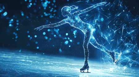 A woman is skating on ice. The concept of the women's figure skating competition. The image is a digital visualization of a figure skater, and in the background there is a blue sky with snowflakesの素材