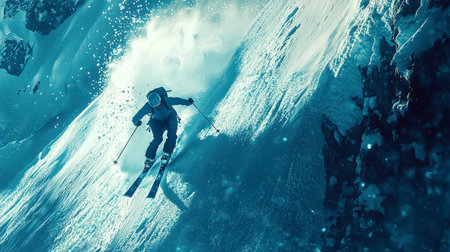 Winter extreme sports. A skier wearing a helmet and goggles is skiing down a vertical snow slope. The concept of freestyle competitions. Downhill skiing training. An active lifestyle.の素材