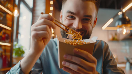 A delicious lunch. A man eats noodles with chopsticks in a restaurant. The happy guy is smiling and enjoying the Asian food from the box. Noodles wok. Takeaway food. Yammyの素材