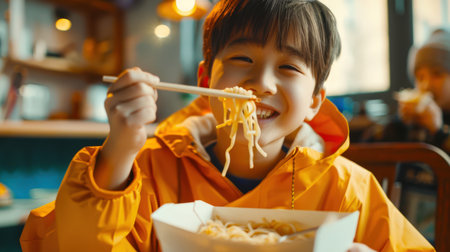 Takeaway food. A cheerful Asian teenager in a yellow jacket eats wok noodles from a box. A boy eats noodles with Chinese chopsticks. He smiles and enjoys his meal. A delicious lunch. Fast food.の素材