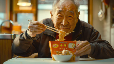 Noodles wok. A delicious snack. Takeaway food. An old Asian man is having lunch at home. An elderly man eats noodles with Chinese chopsticks from a special box. Fast food. The concept of enjoyment.の素材