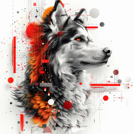The concept of the astrological sign of the Chinese zodiac is a dog. A cute dog with red fur. The image is made in a modern abstract style. A fluffy avatar of a dog. Stylish Totem beastの素材