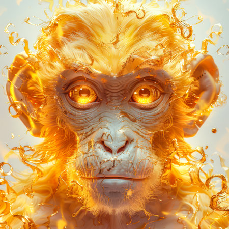The Flaming monkey. The concept of the astrological sign of the Chinese horoscope is a monkey. Portrait of a fiery golden monkey. A stylish avatar. A monkey with a golden mane and glowing eyes. That dark mystical animal. Avatarの素材