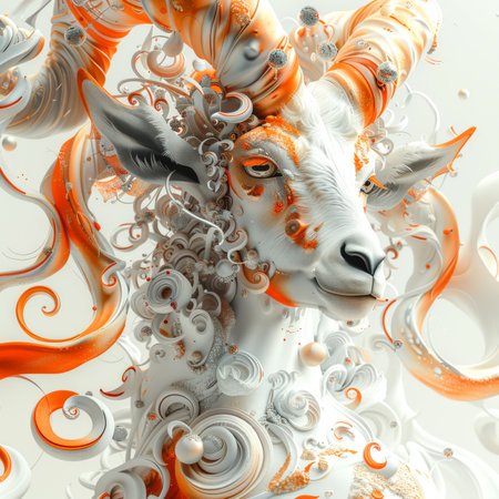 The astrological sign of the eastern horoscope is a Goat. The goat has thick fur and horns on its head. The goat is made in white and orange tones. The mystical sign of the zodiac. A stylish avatar.の素材