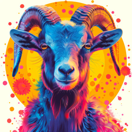 A goat in blue-pink lighting. The sign of the Chinese horoscope is a Goat. The concept of the astrological oriental zodiac sign is a sheep in the style of pop art. The goat is looking at the camera. The background is filled with colored dotsの素材