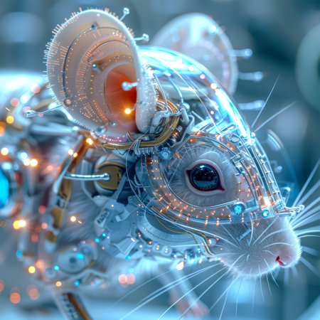 The sign of the eastern horoscope is a Rat. astrology. A small white robotic mouse in close-up. The mouse is wearing a helmet and has a pink nose. The image is a creative and futuristic version of a traditional mouseの素材