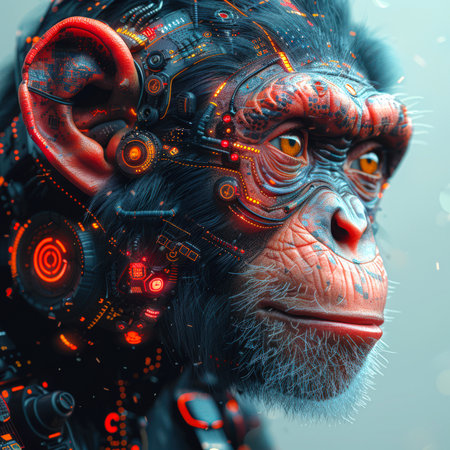A monkey with robotic body parts. The concept of the astrological sign of the eastern horoscope is a monkey. The symbol of the Chinese zodiac is a monkey. The monkey looks away curiously. The Mystical Avatarの素材