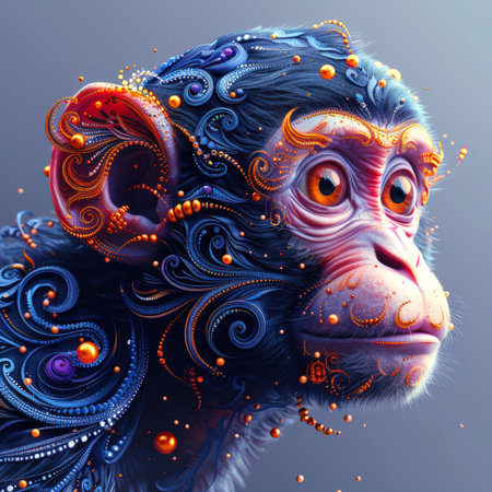 A monkey with blue hair flecked with gold beads. The sign of the Chinese horoscope is a monkey. The mysterious mystical astrological sign of the eastern zodiac is a monkey. Stylish avatarの素材