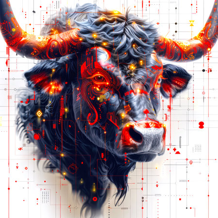 The concept of the Chinese horoscope sign is a bull. A black bull with patterns of red paint on its muzzle and horns. The bull is surrounded by many black lines. Astrological forecast. A totemic animal. A powerful avatarの素材