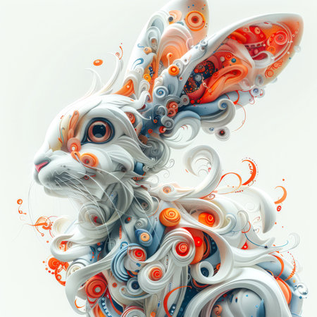 The concept of the eastern zodiac sign is the Hare. The main object of the image is a rabbit with curls of wool and a pink nose. The rabbit is surrounded by a lot of curls and patterns, which gives it a very artistic look. Avatarの素材