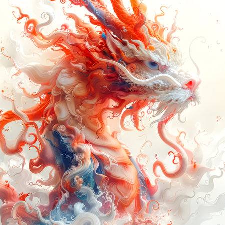 The sign of the eastern zodiac is the dragon. The astrological sign of the Chinese horoscope is the mystical Dragon. A magical dragon with orange-white-blue scales. The dragon's head is large, with a pointed muzzle, and the body is covered with intricate patterns.の素材