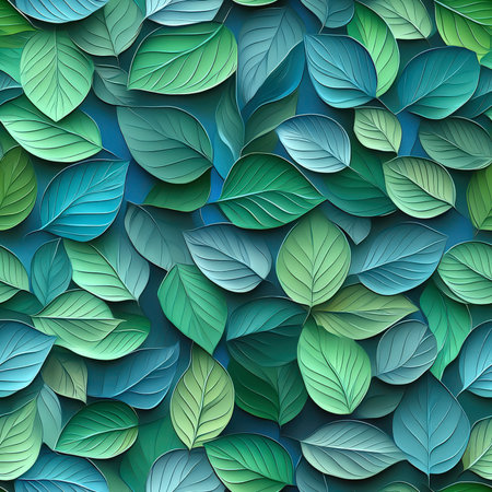 Seamless botanical pattern of green and blue leaves. Green plant background with lots of leaves. Natural organic background backdrop for designの素材