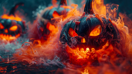 Creepy black pumpkins with glowing eyes, noses and smiles stand in the orange smoke. A Halloween scene. A backdrop for the design of an invitation to a Halloween party. Trick or treatの素材