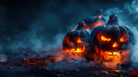 Happy Halloween. Three sinister pumpkins with a burning candle inside are laughing in the dark on the charred ground. Pumpkins with glowing eyes are illuminated in the night. The action takes place in a hazy, eerie atmosphere, with smoke visible in the background.の素材