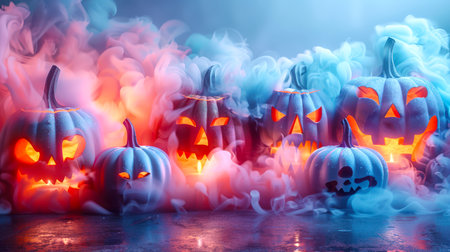 Halloween decorations. Trick or Treat. Funny white pumpkins with glowing faces stand in thick stylish colored smoke. Happy Halloween. Halloween conceptの素材