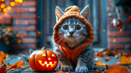 Happy Halloween. A cat in a knitted Halloween costume stands in front of a pumpkin - a glowing lantern. There is an eerie and festive mood in this scene, and the cat and pumpkin are the center of attentionの素材