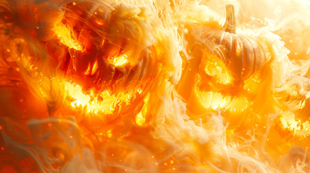 Two scary sinister burning pumpkins with glowing eyes and a fiery background. Halloween glowy background. The scene is terrifying and creepyの素材