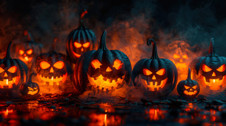 A Halloween concept. A family of sinister black burnt pumpkins with burning eyes and mouths lit by candles. The scene unfolds in a dark, eerie atmosphere, against a background of smoke and steam.の素材