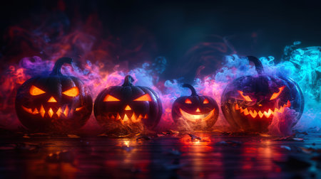 Halloween concept. A group of four glowy pumpkins with glowing eyes and a creepy atmosphere. The pumpkins are surrounded by smoke, which gives the scene a mysterious and mystical look.の素材