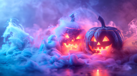 A backdrop for a Halloween poster. A pair of glowing funny pumpkins is surrounded by a cloud of colorful stylish smoke. The smoke is purple and blue, which gives the scene an eerie atmosphere.の素材