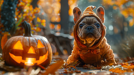 Pets for Halloween. A cute funny bulldog puppy is dressed in a Halloween costume and stands next to a pumpkin. The scene creates a festive mood. Happy Halloween.の素材