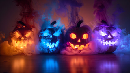 Four pumpkins at a stylish Halloween party. Pumpkins with glowing eyes and sinister smiles are depicted in a room filled with multicolored smoke. There is a creepy mood in this sceneの素材