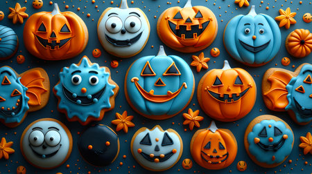 Trick or Treat. A collection of cookies with images of pumpkin faces on the theme of Halloween. The cookies are covered with orange and blue glaze. Happy Halloween. The scene is festive and playfulの素材