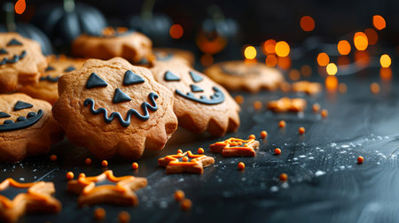 Sweets or nastiness. A cheerful Halloween cookie with faces painted on it lies on a black wooden table. The cookies are decorated with chocolate icing, and the stars are decorated with orange glazeの素材