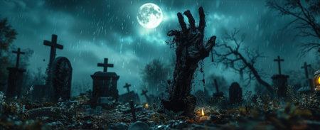A backdrop for a Halloween poster. A cemetery with a dead man's hand sticking out of the ground. The hand is covered with dirt and it is rotting. The moon is in the sky, casting a dark shadow over the cemetery. The scene is creepy and disturbingの素材