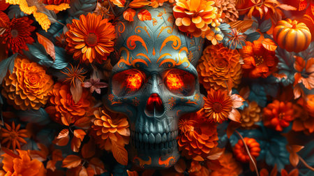 Day of the Dead is a Mexican holiday. The skull is decorated with flowers and leaves, which gives it a unique and artistic look. The stage is a manifestation of creativity and imaginationの素材