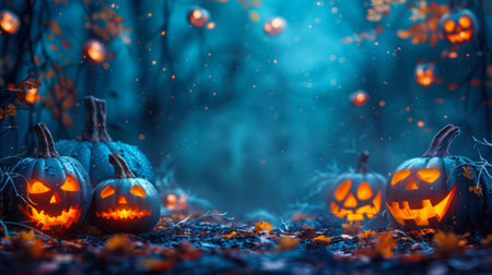 A dark and mysterious Halloween scene. Halloween background. A group of cute funny laughing pumpkins with illuminated eyes in a creepy forest sit withered in autumn foliage.の素材
