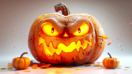 A pumpkin with a scary face and a candle inside. The pumpkin is surrounded by two other small pumpkins. Happy Halloween. There is an eerie mood in this sceneの素材