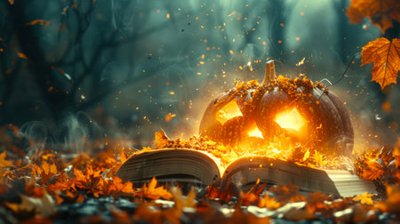 The Book of spells. A Halloween pumpkin is reading a thick book in an autumn park. Pumpkin tells creepy Halloween stories in the woods. There is an eerie mood in this sceneの素材