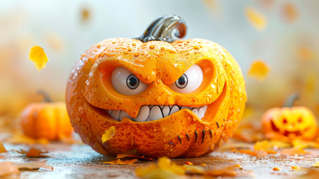 Decorations for Halloween. A close-up of a toothy pumpkin with a wild look stands on the table. The Halloween symbol. Halloween concept.の素材