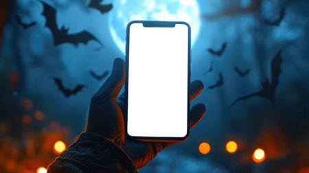 A man is holding a stylish fashionable phone with a wide white screen against the background of a large moon and bats in a dark forest in a cemetery. iPhone mockup. Happy Halloween. A night of horrors.の素材