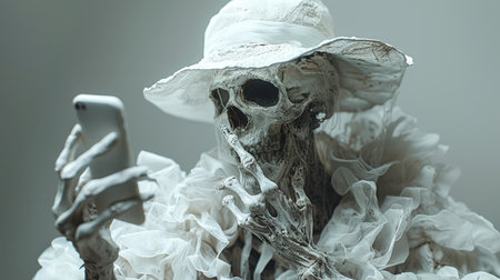 Halloween concept. Death from smartphone use. A skeleton in a white hat and a white airy dress holds a cell phone in his hands. Carnival. The picture shows a terrible mood.の素材