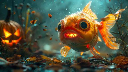 A goldfish swims in the autumn forest among Halloween pumpkins and orange leaves. Happy Halloween. Trick or Treat. Halloween conceptの素材