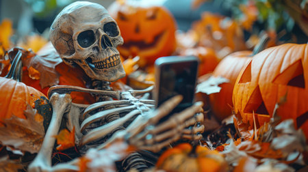 Happy Halloween. On the ground, surrounded by Halloween pumpkins and autumn leaves, lies a skeleton with a mobile phone in his hands. The action takes place in a pumpkin field, which creates an eerie atmosphereの素材